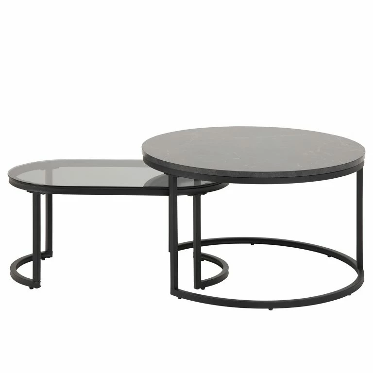 Loftscape Red Living Tables Basse Senez I (lot De 2) – Verre / Métal – Imitation Marbre Noir / Noir