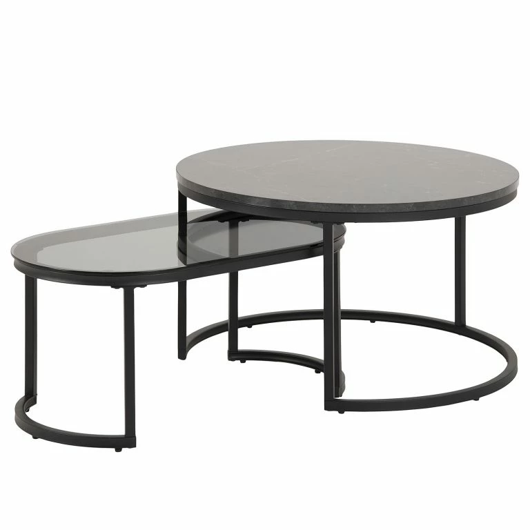 loftscape Red Living Tables basse Senez I (lot de 2) – Verre / métal – Imitation marbre noir / Noir
