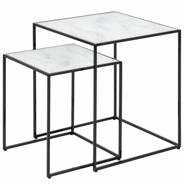 loftscape Red Living Tables gigognes Ballenita II (lot de 2) – Verre / Métal – Imitation marbre blanc / Noir