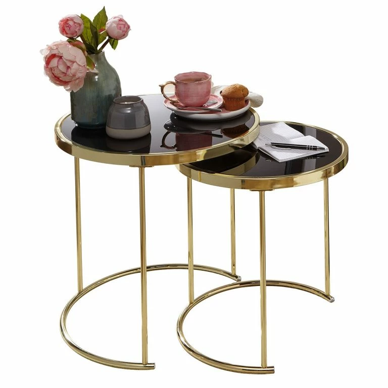 Loftscape Red Living Tables Gigognes Messery (lot De 2) – Verre / Métal – Noir / Doré