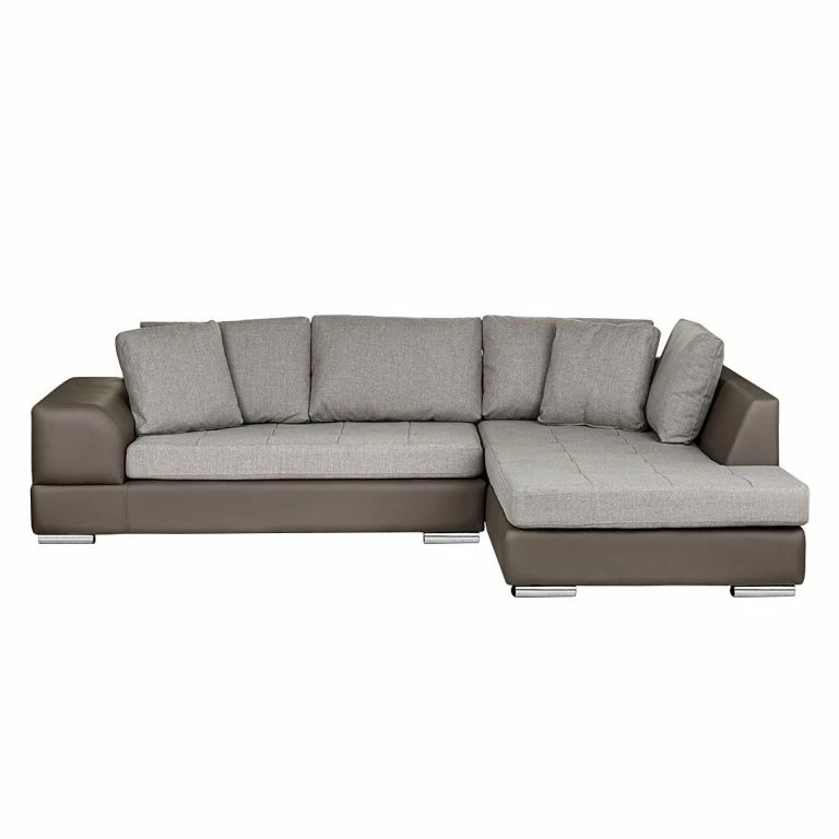 Loftscape Roomscape Canapé D’angle Tosya – Cuir Synthétique Taupe / Tissu Structuré Gris – Méridienne à Droite (vue De Face)