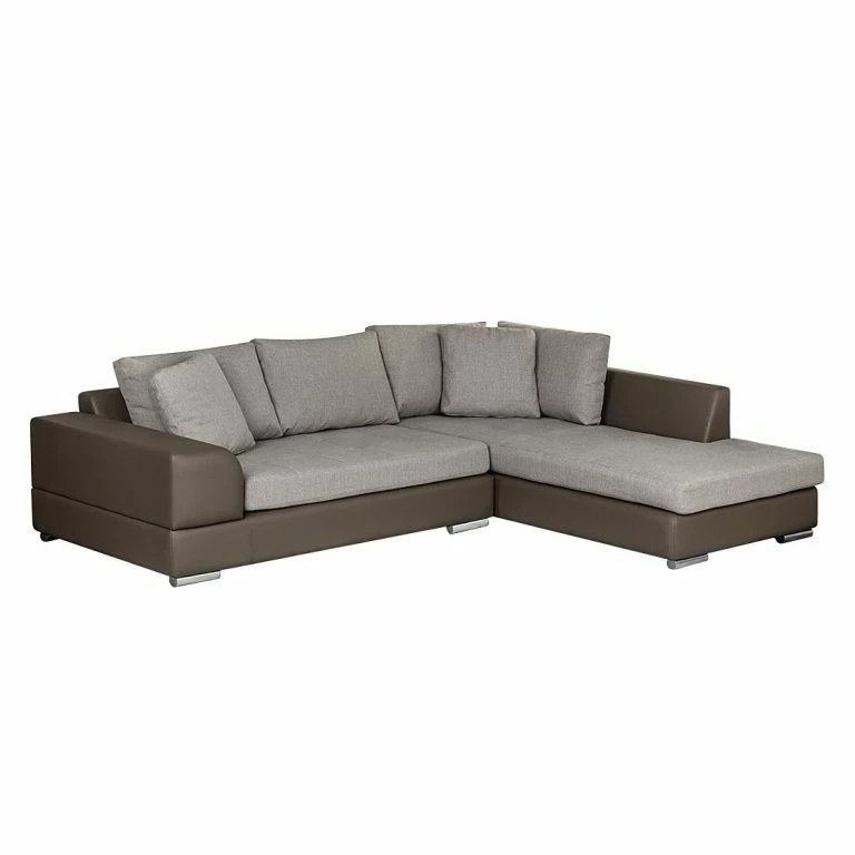 Loftscape Roomscape Canapé D’angle Tosya – Cuir Synthétique Taupe / Tissu Structuré Gris – Méridienne à Droite (vue De Face)