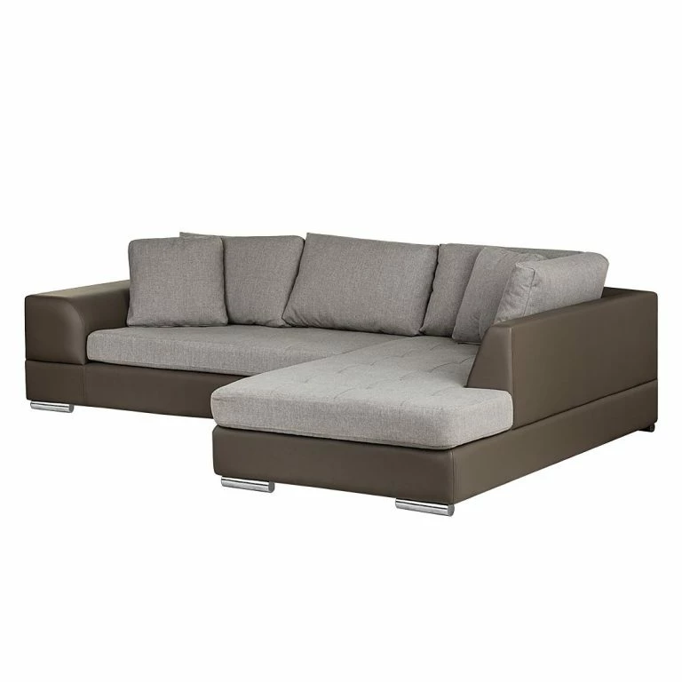 Loftscape Roomscape Canapé D’angle Tosya – Cuir Synthétique Taupe / Tissu Structuré Gris – Méridienne à Droite (vue De Face)