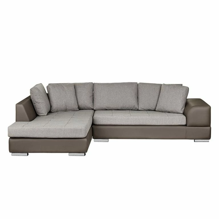 Loftscape Roomscape Canapé D’angle Tosya – Cuir Synthétique Taupe / Tissu Structuré Gris – Méridienne à Gauche (vue De Face)