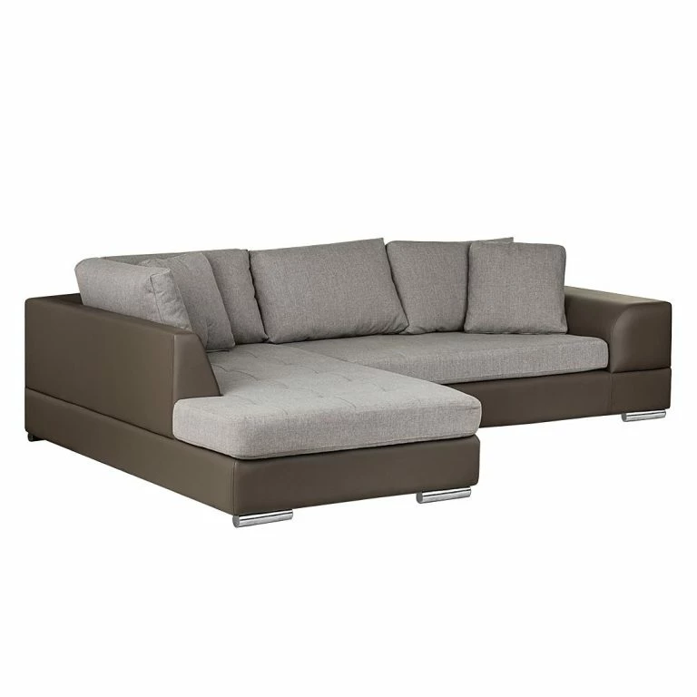 Loftscape Roomscape Canapé D’angle Tosya – Cuir Synthétique Taupe / Tissu Structuré Gris – Méridienne à Gauche (vue De Face)