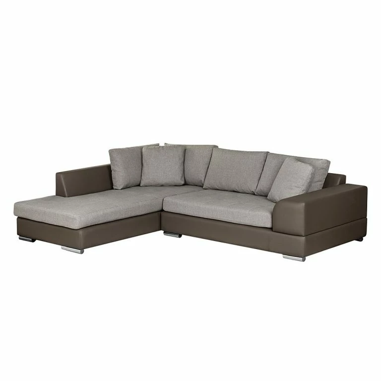Loftscape Roomscape Canapé D’angle Tosya – Cuir Synthétique Taupe / Tissu Structuré Gris – Méridienne à Gauche (vue De Face)