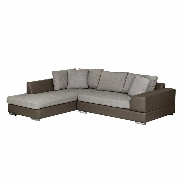 loftscape Roomscape Canapé d’angle Tosya – Cuir synthétique taupe / Tissu structuré gris – Méridienne à gauche (vue de face)