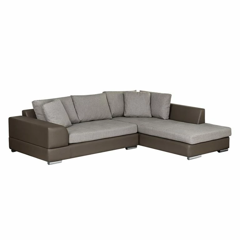 loftscape Roomscape Canapé d’angle Tosya – Cuir synthétique taupe / Tissu structuré gris – Méridienne à droite (vue de face)