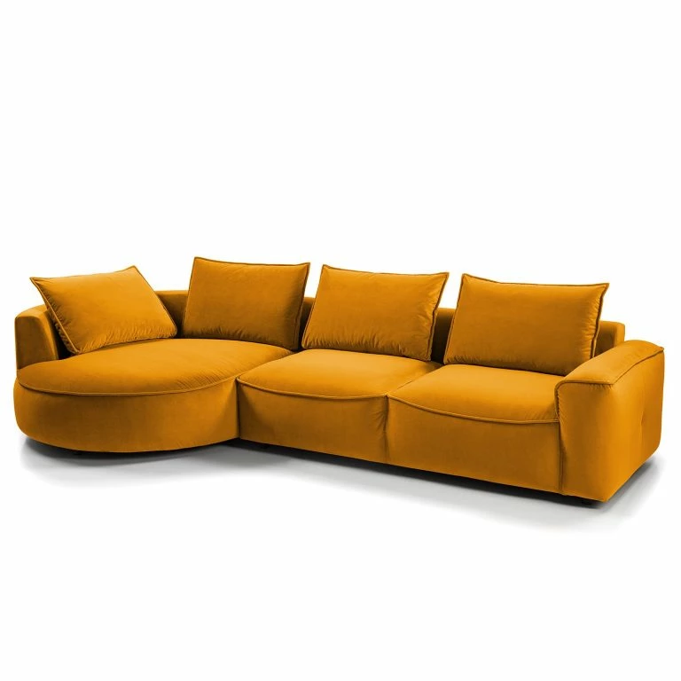 loftscape Studio Copenhagen Canapé d’angle Buckley I – Velours Shyla: Orange jaune – Méridienne courte à gauche (vue de face)