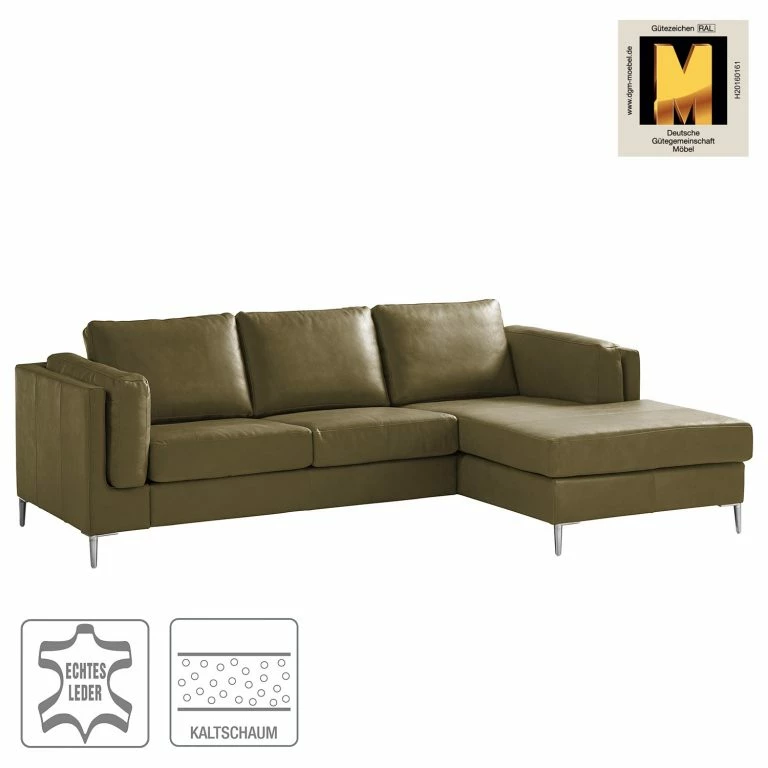 Loftscape Studio Copenhagen Canapé D’angle COSO Classic+ Méridienne – Cuir Véritable Taru : Vert Olive – Largeur : 246 Cm – Méridienne Courte à Droite (vue De Face) – Chrome Brillant