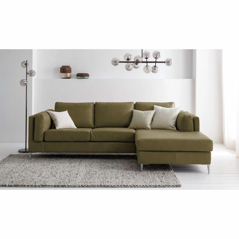Loftscape Studio Copenhagen Canapé D’angle COSO Classic+ Méridienne – Cuir Véritable Taru : Vert Olive – Largeur : 246 Cm – Méridienne Courte à Droite (vue De Face) – Chrome Brillant