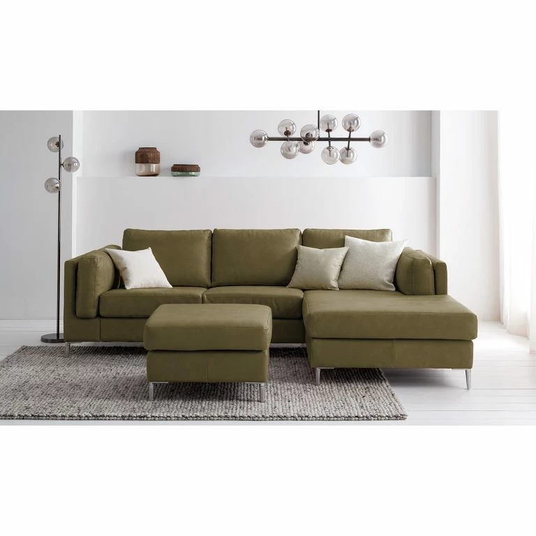 Loftscape Studio Copenhagen Canapé D’angle COSO Classic+ Méridienne – Cuir Véritable Taru : Vert Olive – Largeur : 246 Cm – Méridienne Courte à Droite (vue De Face) – Chrome Brillant
