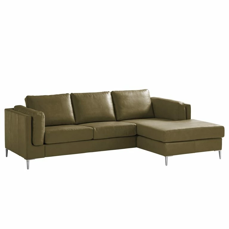loftscape Studio Copenhagen Canapé d’angle COSO Classic+ méridienne – Cuir véritable Taru : Vert olive – Largeur : 246 cm – Méridienne courte à droite (vue de face) – Chrome brillant