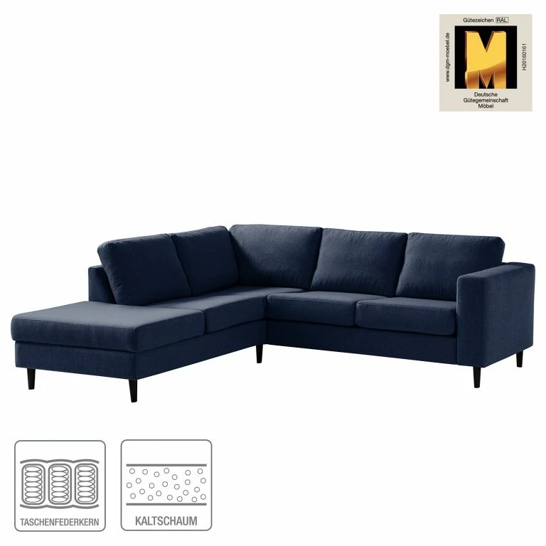 Loftscape Studio Copenhagen Canapé D’angle COSO Classic Ottomane – Tissu Milan : Bleu Foncé – Largeur : 238 Cm – Méridienne Longue à Gauche (vue De Face) – Coffre De Lit – Hêtre