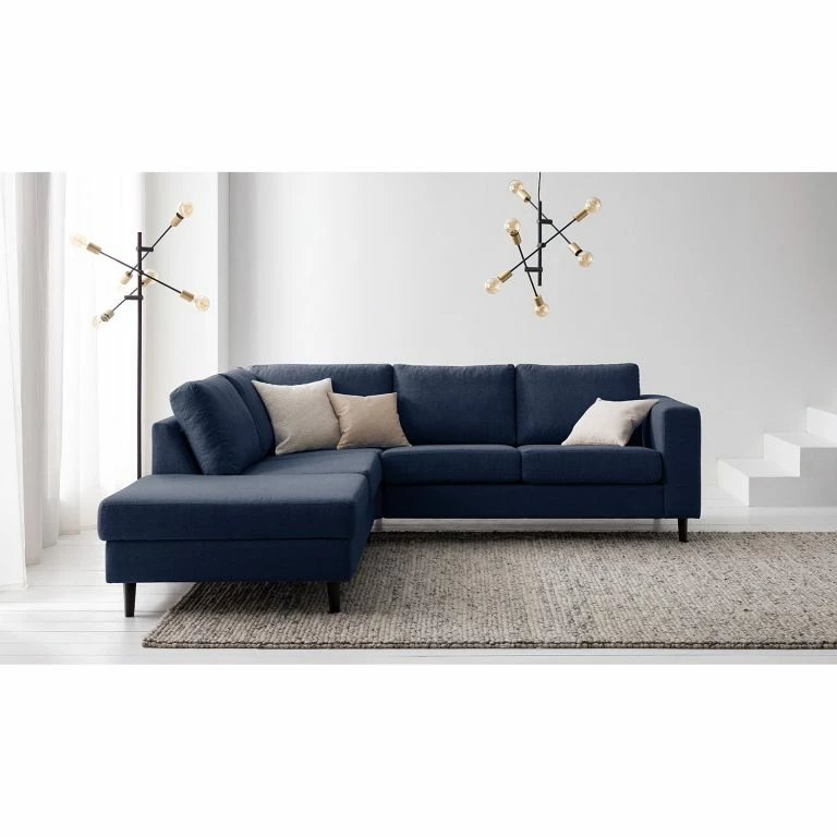 Loftscape Studio Copenhagen Canapé D’angle COSO Classic Ottomane – Tissu Milan : Bleu Foncé – Largeur : 238 Cm – Méridienne Longue à Gauche (vue De Face) – Coffre De Lit – Hêtre
