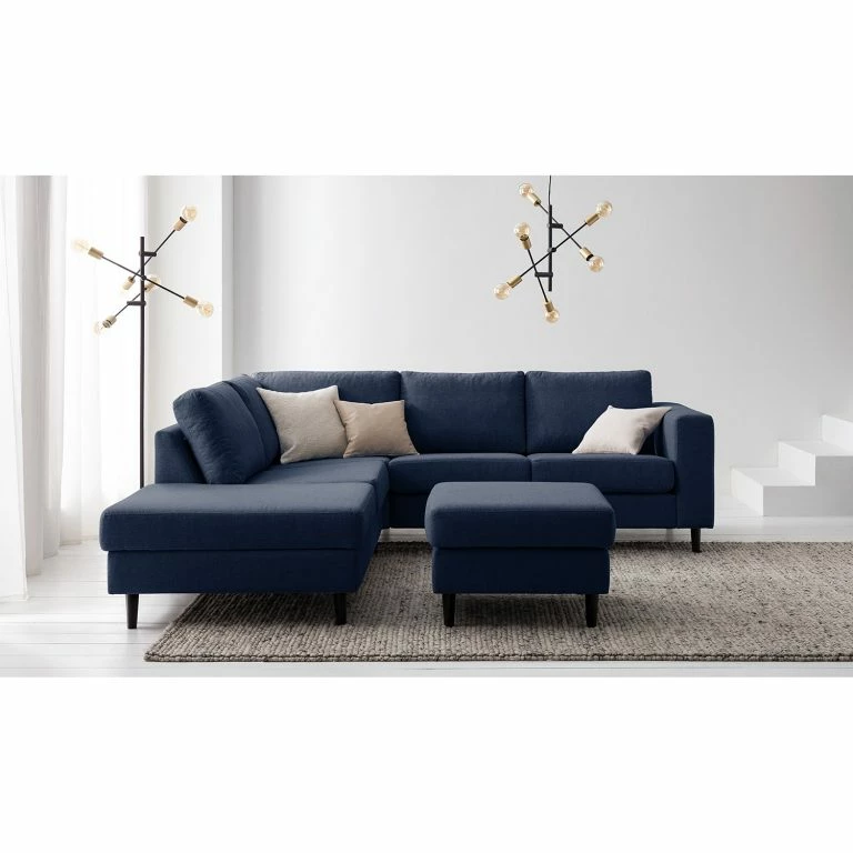 Loftscape Studio Copenhagen Canapé D’angle COSO Classic Ottomane – Tissu Milan : Bleu Foncé – Largeur : 238 Cm – Méridienne Longue à Gauche (vue De Face) – Coffre De Lit – Hêtre