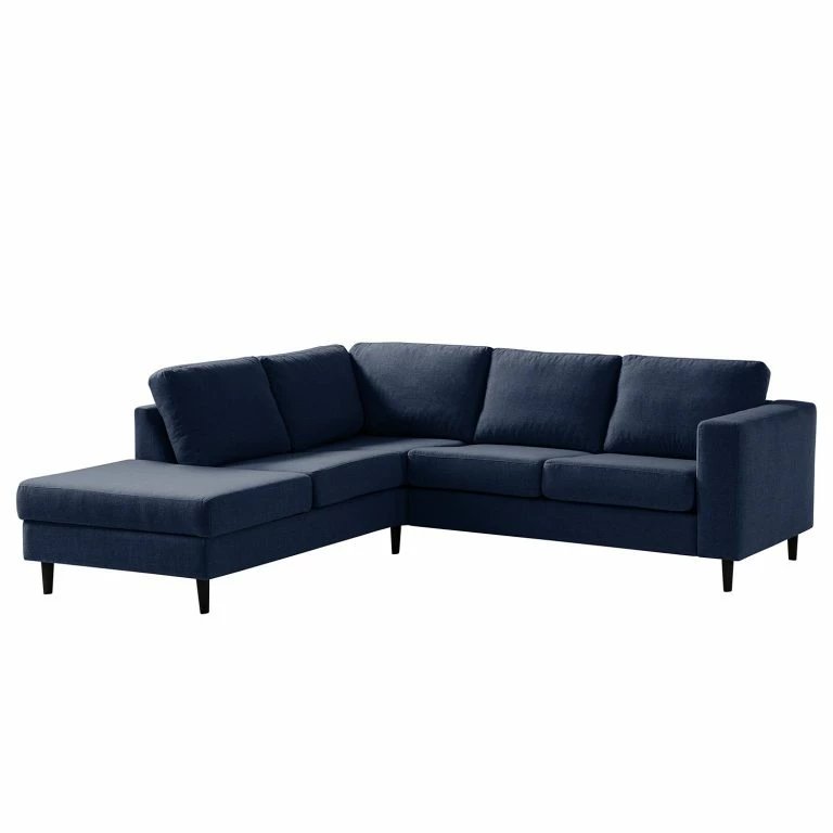 loftscape Studio Copenhagen Canapé d’angle COSO Classic ottomane – Tissu Milan : Bleu foncé – Largeur : 238 cm – Méridienne longue à gauche (vue de face) – Coffre de lit – Hêtre