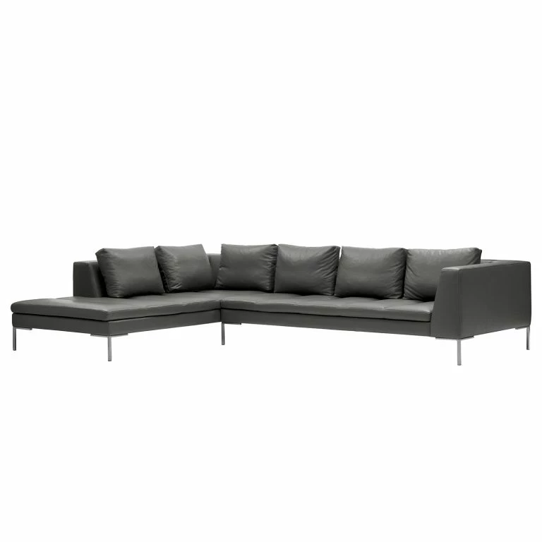 loftscape Studio Copenhagen Canapé d’angle Madison I – Cuir véritable Neka : Gris – Largeur : 319 cm – Méridienne longue à gauche (vue de face)