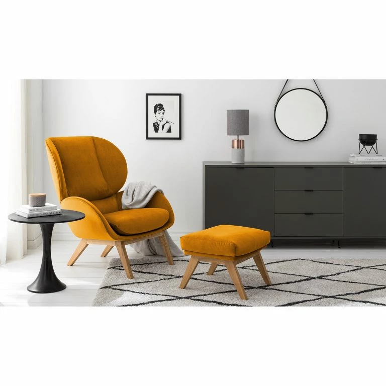 Loftscape Studio Copenhagen Fauteuil Marols – Velours Shyla: Orange Jaune – Chêne Clair