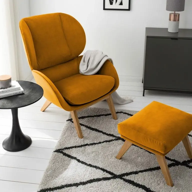 Loftscape Studio Copenhagen Fauteuil Marols – Velours Shyla: Orange Jaune – Chêne Clair