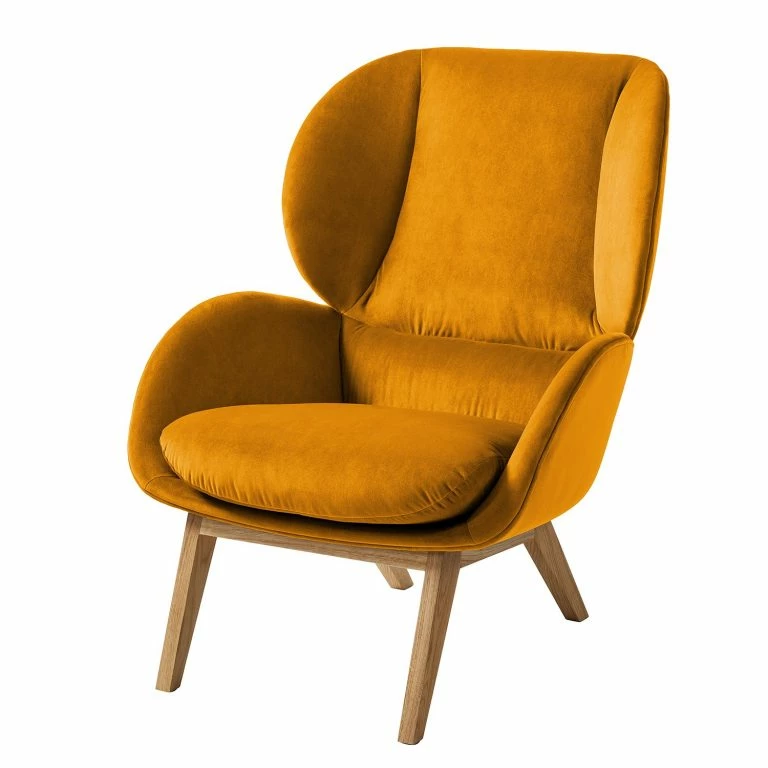 loftscape Studio Copenhagen Fauteuil Marols – Velours Shyla: Orange jaune – Chêne clair