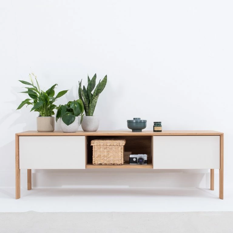 Loftscape Studio Copenhagen Meuble TV Maayka I – Partiellement En Chêne Massif – Blanc / Chêne Clair