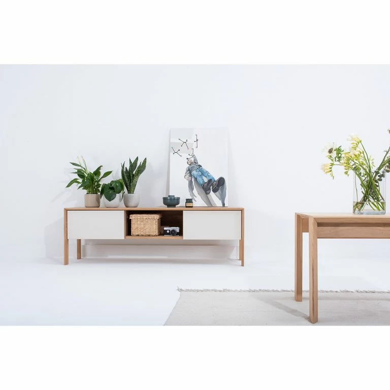 Loftscape Studio Copenhagen Meuble TV Maayka I – Partiellement En Chêne Massif – Blanc / Chêne Clair