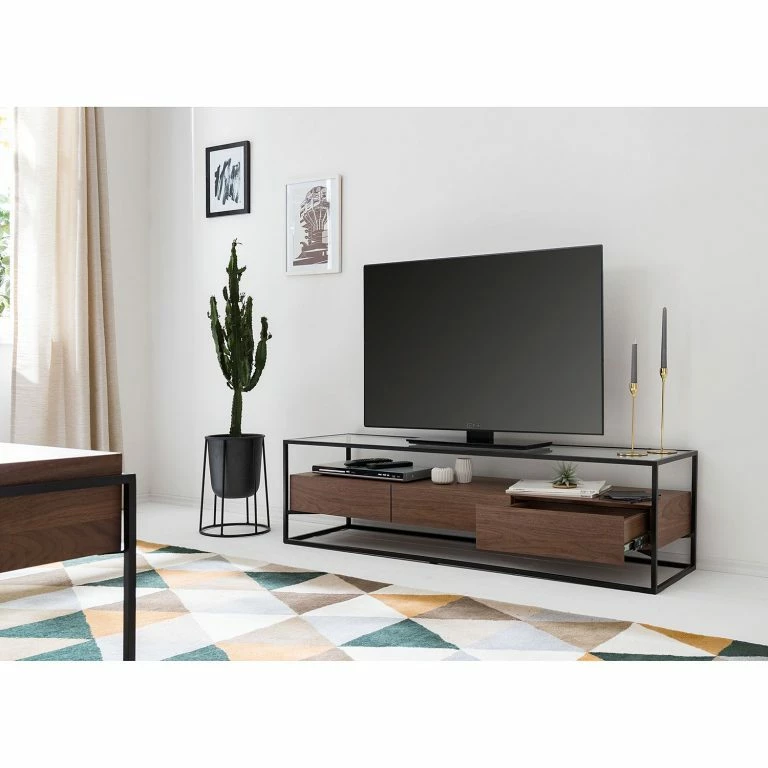 Loftscape Studio Copenhagen Meuble TV Rizzo – Matériau Dérivé Du Bois / Verre – Noir / Imitation Noyer