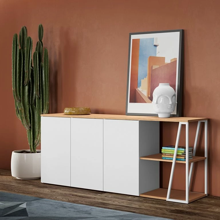 Loftscape Temahome Buffet Albi – Placage En Bois Véritable – Chêne / Blanc