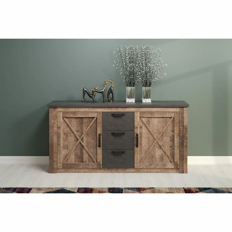 Loftscape Trendteam Buffet Georgia – Gris Foncé / Imitation Chêne Rustique