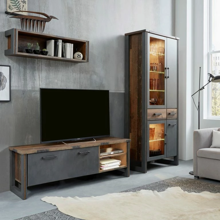 Loftscape Trendteam Meuble TV Prime – Imitation Pin Recyclé / Anthracite – Largeur : 178 Cm