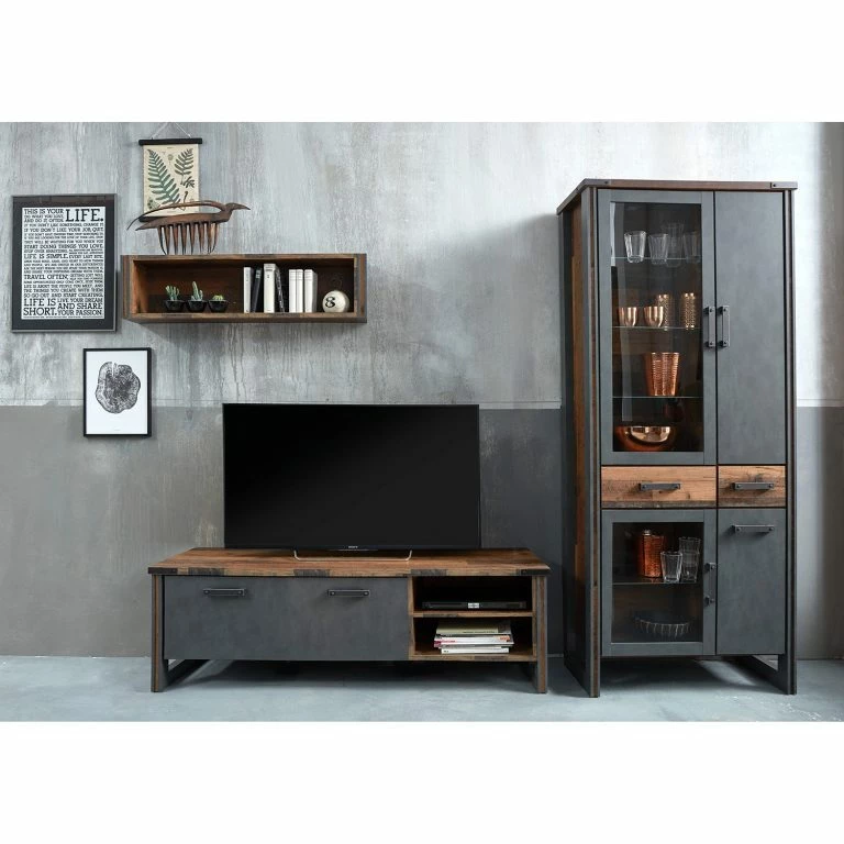 Loftscape Trendteam Meuble TV Prime – Imitation Pin Recyclé / Anthracite – Largeur : 178 Cm