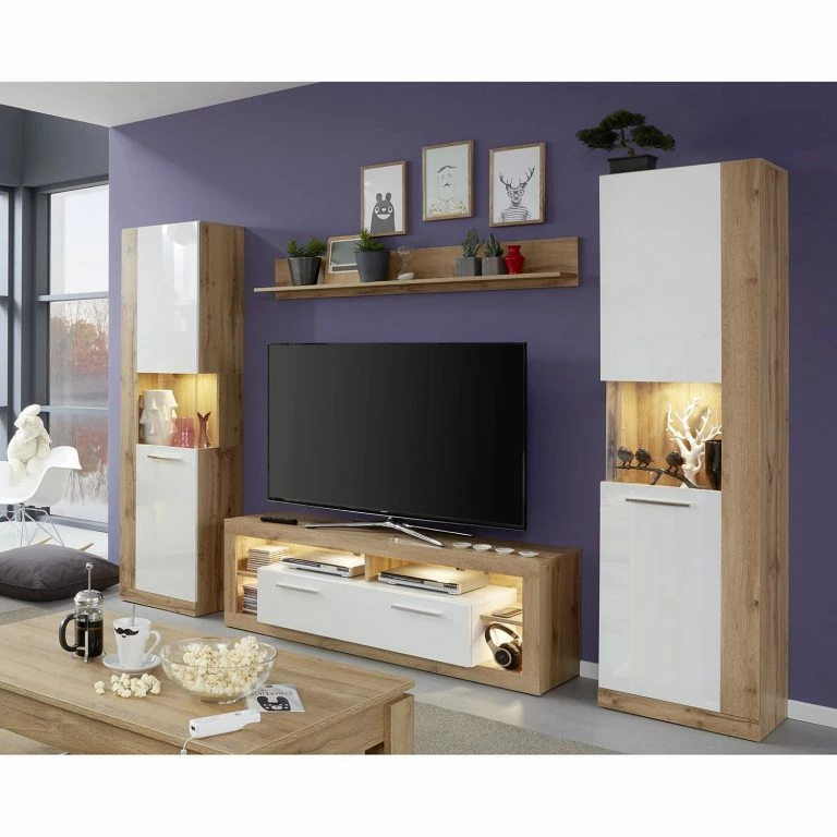 Loftscape Trendteam Meuble TV Rock – Blanc Brillant / Imitation Chêne De Wotan – Largeur : 150 Cm