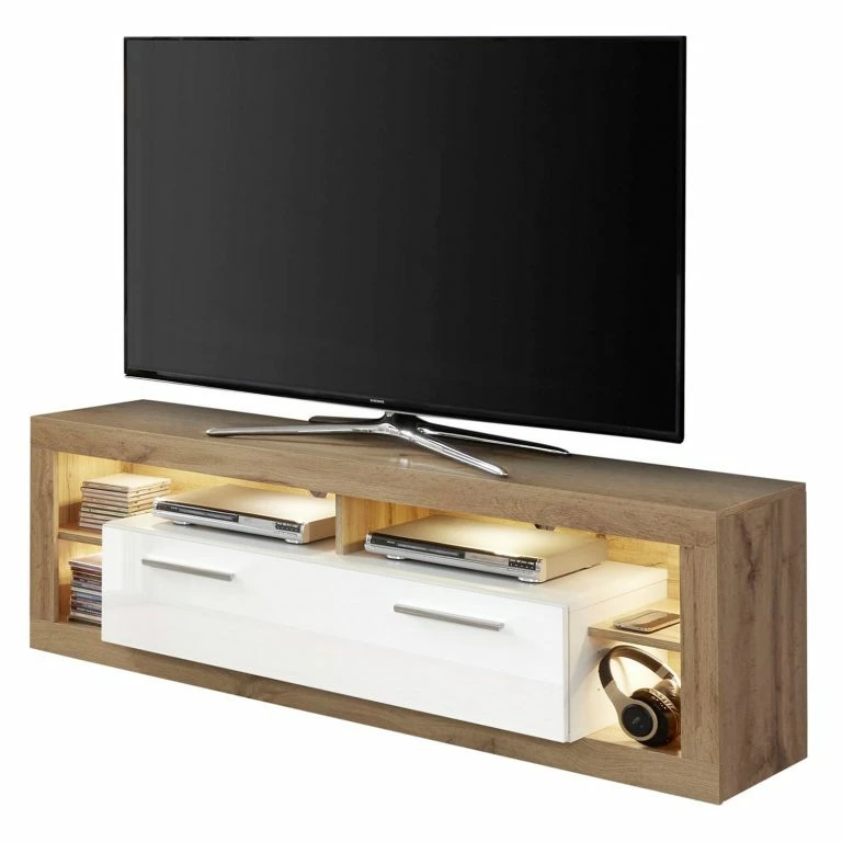loftscape Trendteam Meuble TV Rock – Blanc brillant / Imitation chêne de Wotan – Largeur : 150 cm