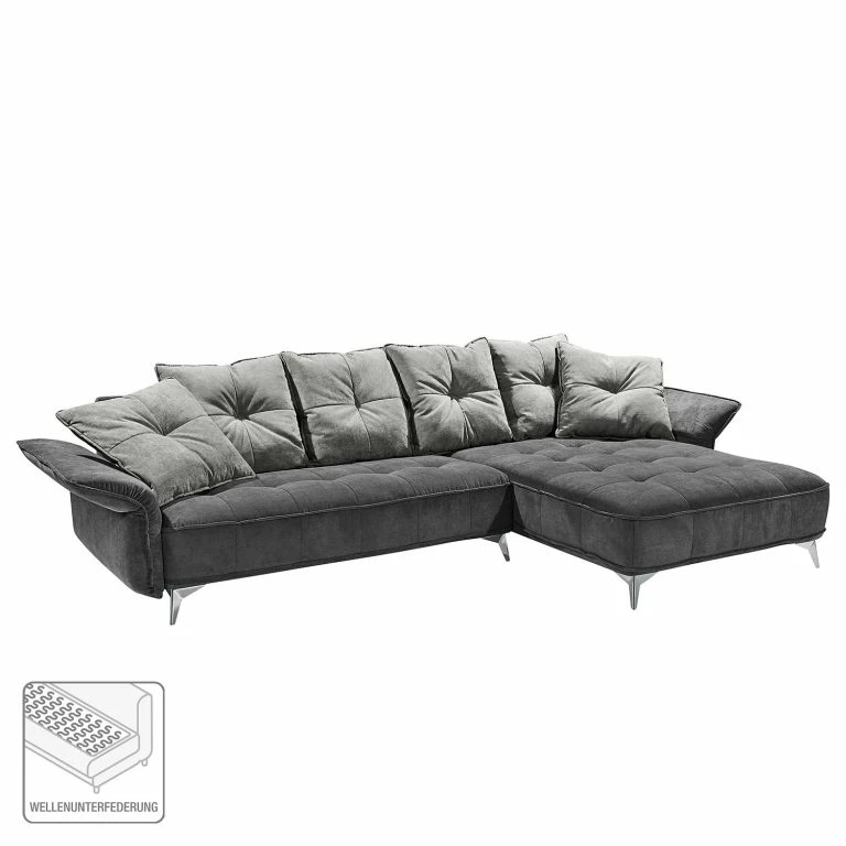 Loftscape Velvet Studio Canapé D’angle Moreville I – Microfibre – Gris / Gris Clair – Méridienne Courte à Droite (vue De Face) – Sans Repose-pieds