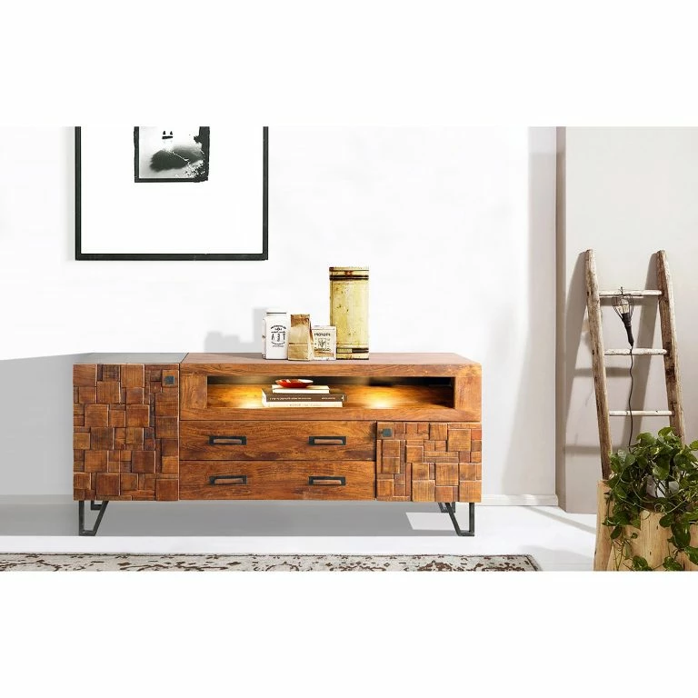 Loftscape Wolf-Möbel Buffet Bazac – Avec éclairage – Acacia Massif – Acacia / Gris Foncé
