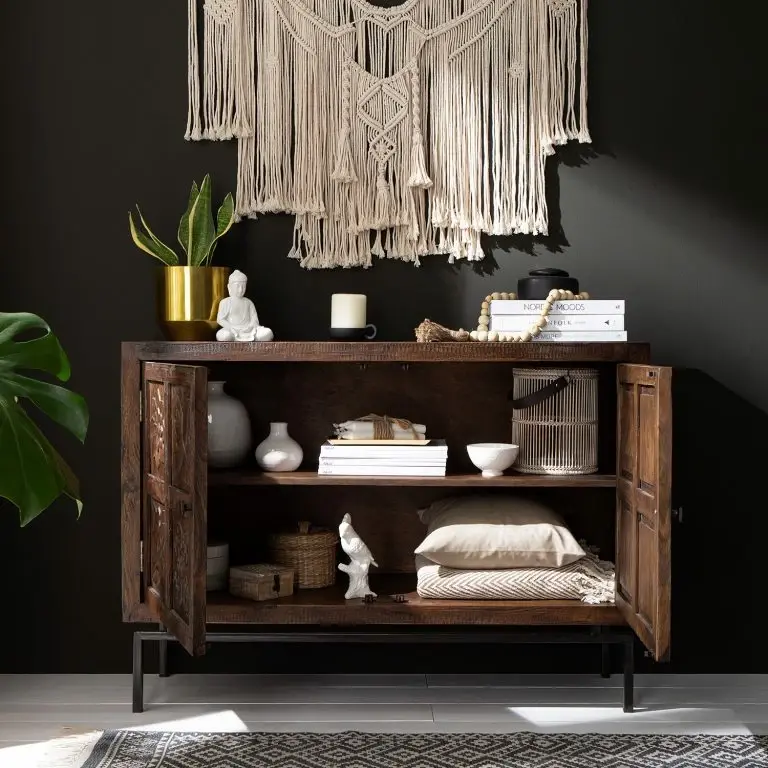 Loftscape Wolf-Möbel Buffet Carving – Acacia Massif / Métal – Acacia / Noir