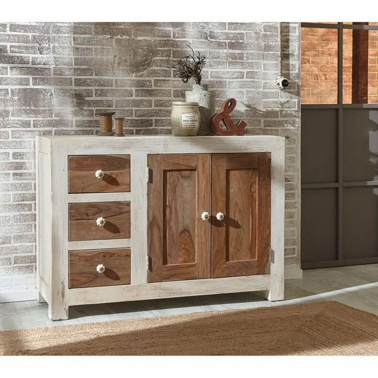 Loftscape Wolf-Möbel Buffet Maison I – Acacia Massif – Acacia Couleur Pierre / Blanc Cassé