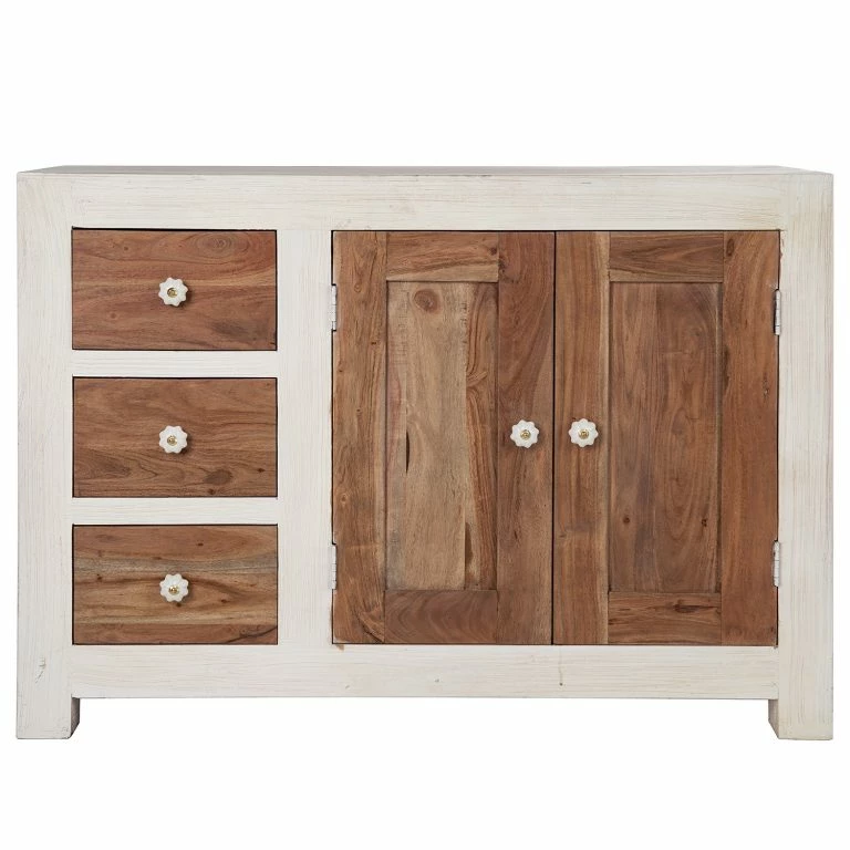 Loftscape Wolf-Möbel Buffet Maison I – Acacia Massif – Acacia Couleur Pierre / Blanc Cassé