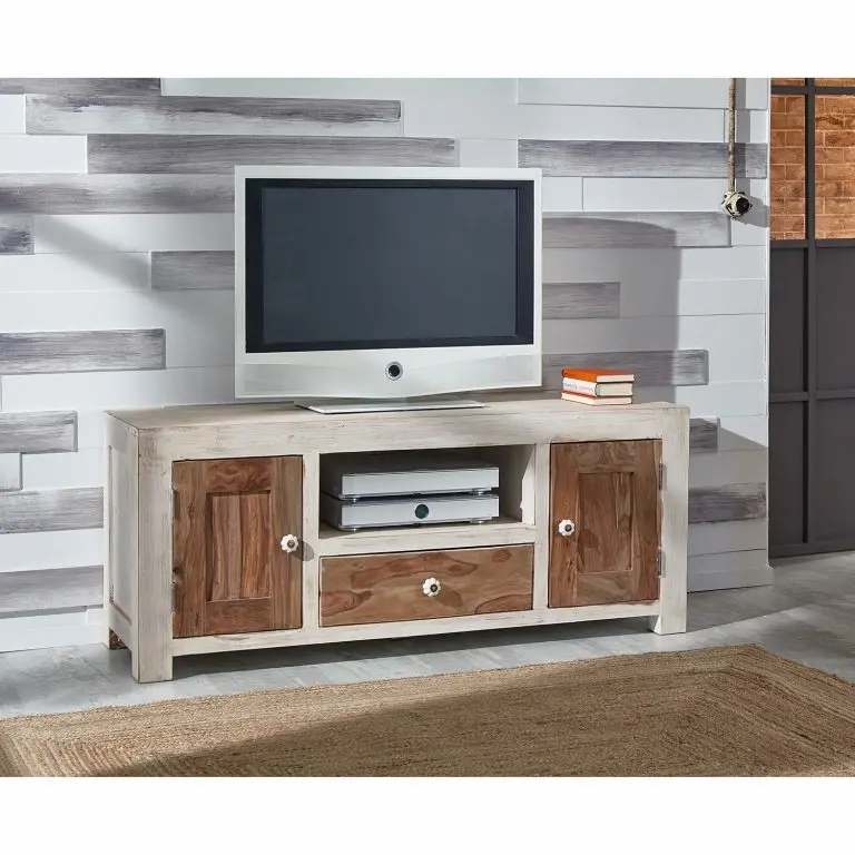 Loftscape Wolf-Möbel Meuble TV Maison – Acacia Massif – Acacia Couleur Pierre / Blanc Cassé