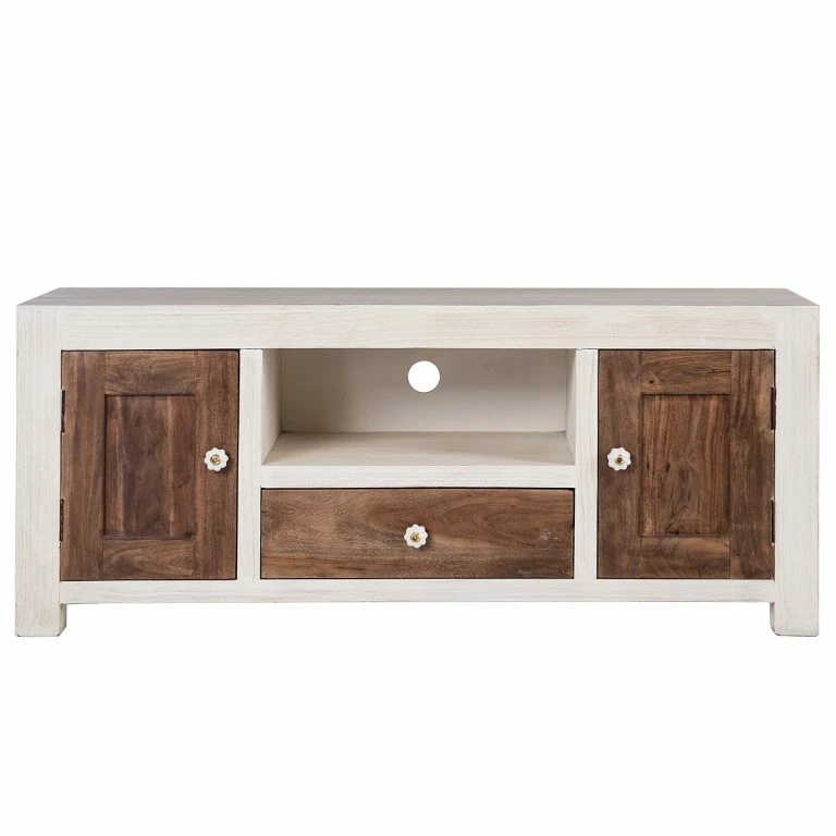 Loftscape Wolf-Möbel Meuble TV Maison – Acacia Massif – Acacia Couleur Pierre / Blanc Cassé