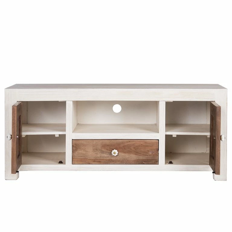 Loftscape Wolf-Möbel Meuble TV Maison – Acacia Massif – Acacia Couleur Pierre / Blanc Cassé