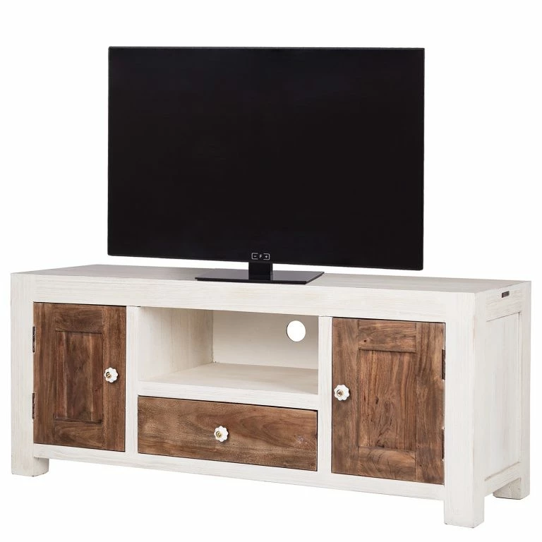 loftscape Wolf-Möbel Meuble TV Maison – Acacia massif – Acacia couleur pierre / Blanc cassé