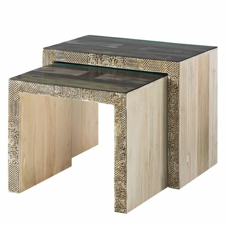 loftscape Wolf-Möbel Tables d’appoint Goa III (lot de 2) – Partiellement en manguier massif – Manguier blanc vintage