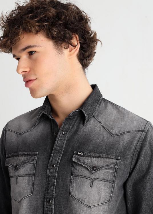 Lois Jeans Chemise Denim Gris Manches Longues Lavage Aux Enzymes