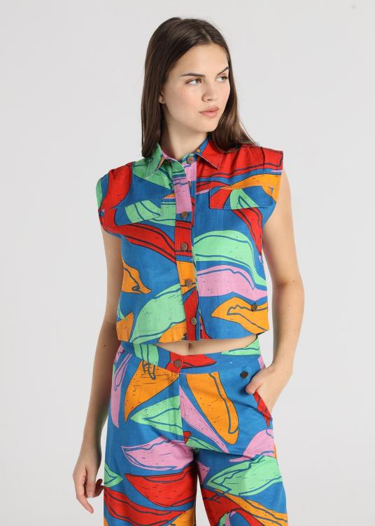 Lois Jeans Chemise - Sans Manches Avec Poches Imprimé Maxi Feuilles Multicolores