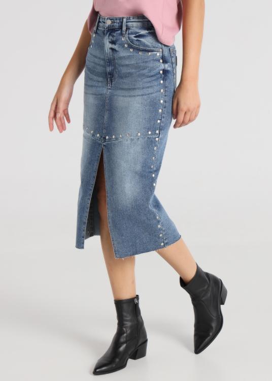 Lois Jeans Jupe Midi - Denim Taille Haute Avec Ouverture Devant Avec Rivets