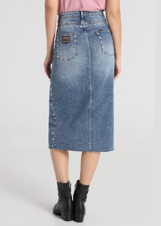 Lois Jeans Jupe Midi - Denim Taille Haute Avec Ouverture Devant Avec Rivets