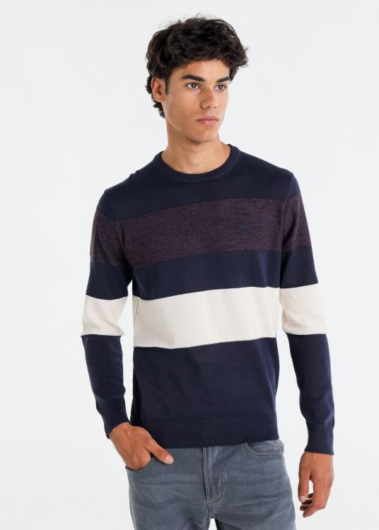 Lois Jeans Pull Col Rond à Rayures Tri-couleurs