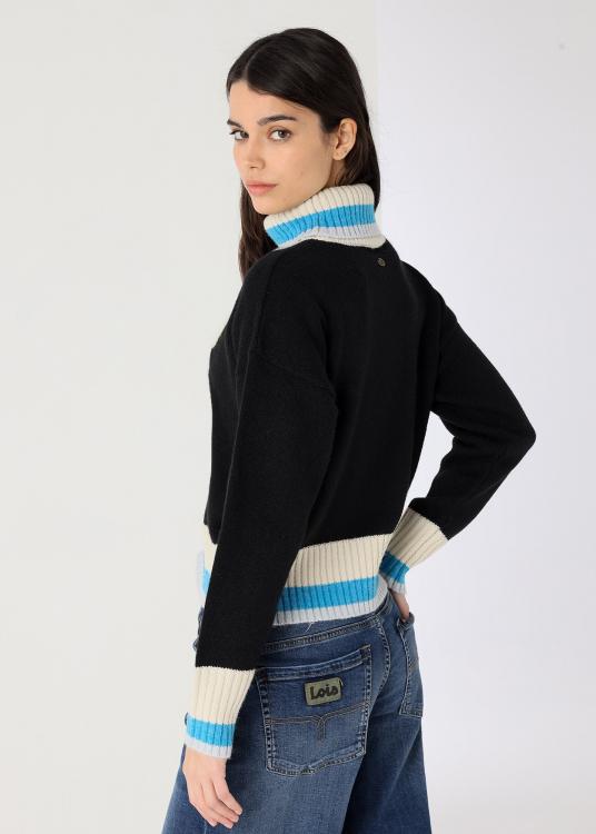 Lois Jeans Pull Col Roulé Jacquard Rose Brodé